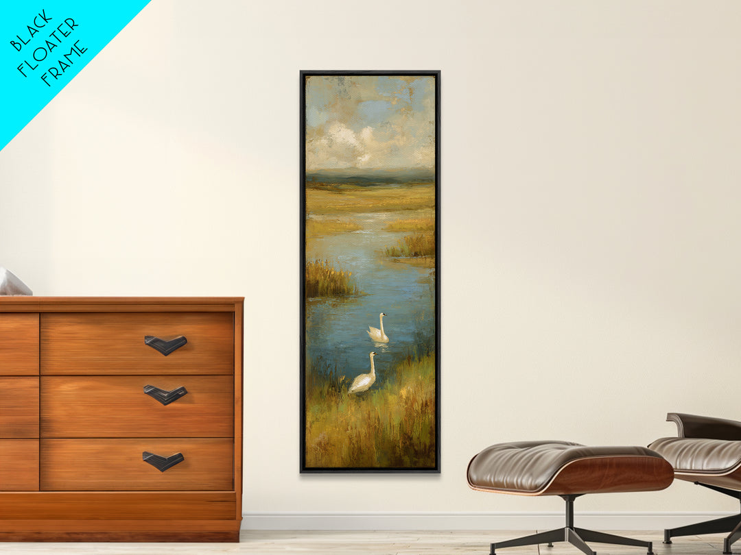 Paired Swans in a Dreamy Painterly Lake Canvas Print, Above Bed Art, Home Decor, Bedroom Decor, Fine Art, Serenity, ABA-1x3-82