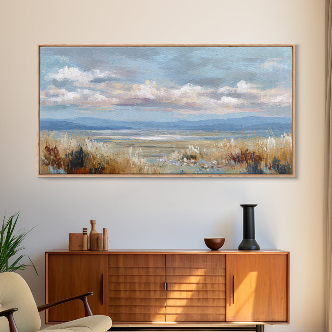 Tranquil Cloudscape with Blush Undertones Framed Canvas Print, Above Bed Art, Wall Decor, Bedroom Decor, Fine Art, Serenity, ABA-2x1-1