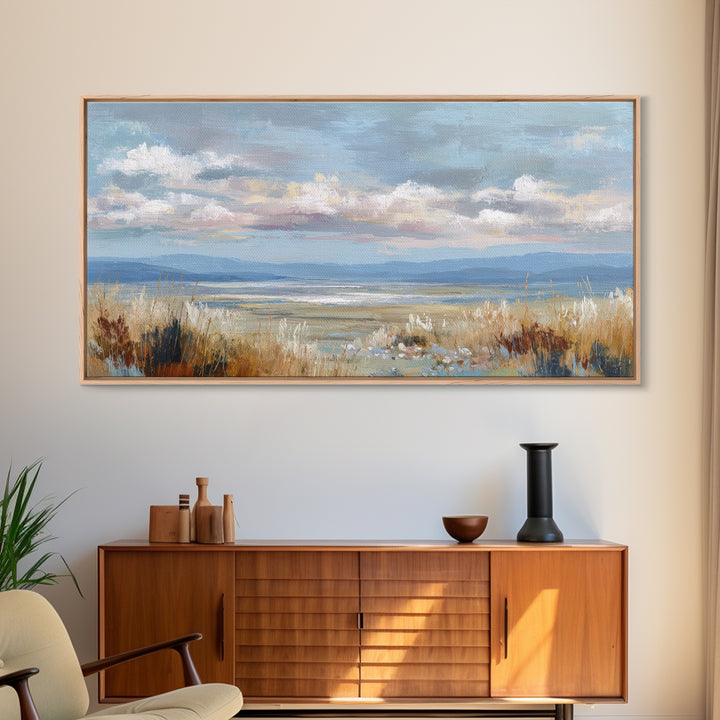 Tranquil Cloudscape with Blush Undertones Framed Canvas Print, Above Bed Art, Wall Decor, Bedroom Decor, Fine Art, Serenity, ABA-2x1-1