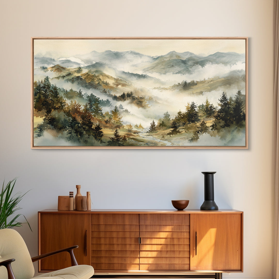 Quiet Forest Ridge Softened by Fog Framed Canvas Print, Above Bed Art, Art Print, Bedroom Decor, Fine Art, Serenity, Dorm Decor, ABA-2x1-10