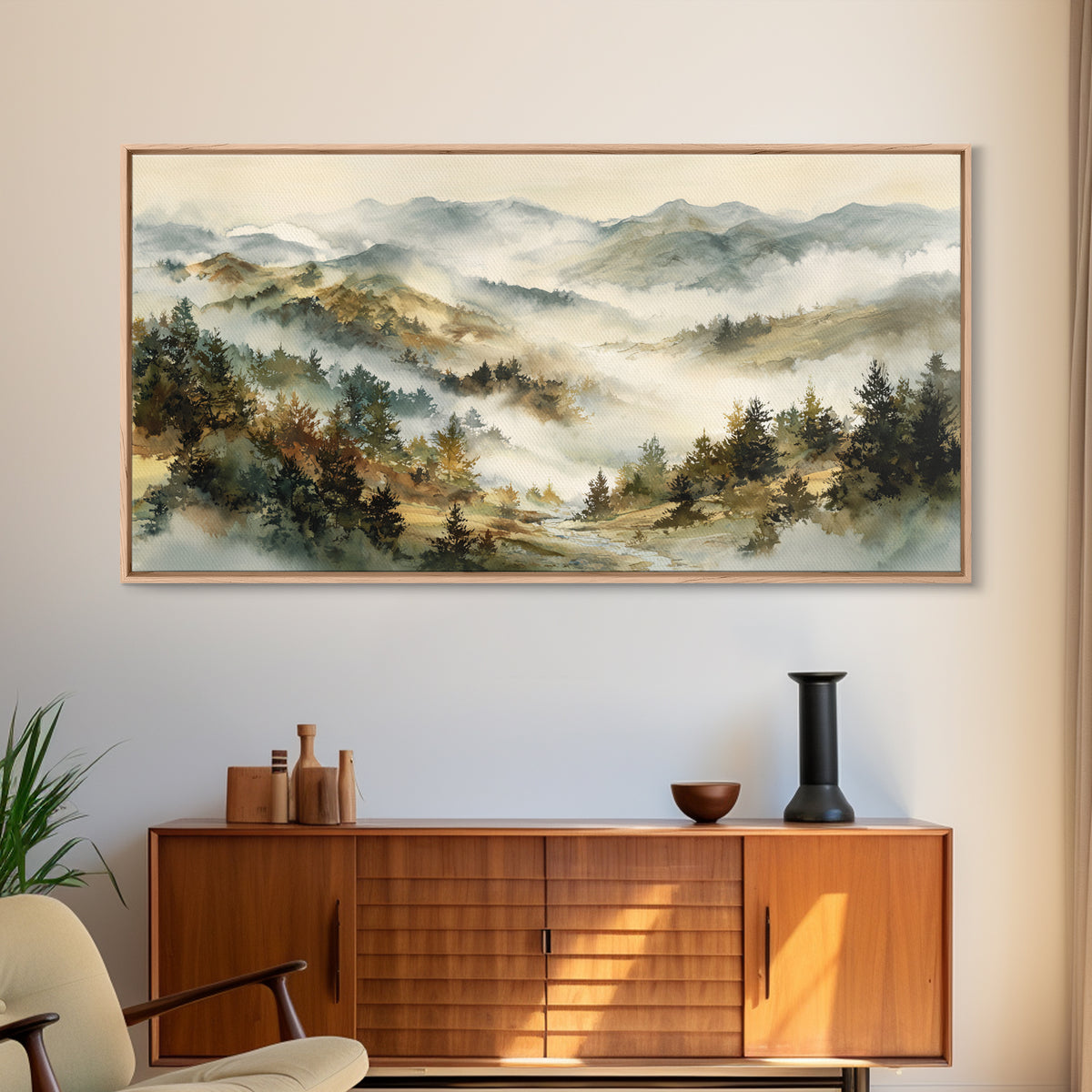Quiet Forest Ridge Softened by Fog Framed Canvas Print, Above Bed Art, Art Print, Bedroom Decor, Fine Art, Serenity, Dorm Decor, ABA-2x1-10
