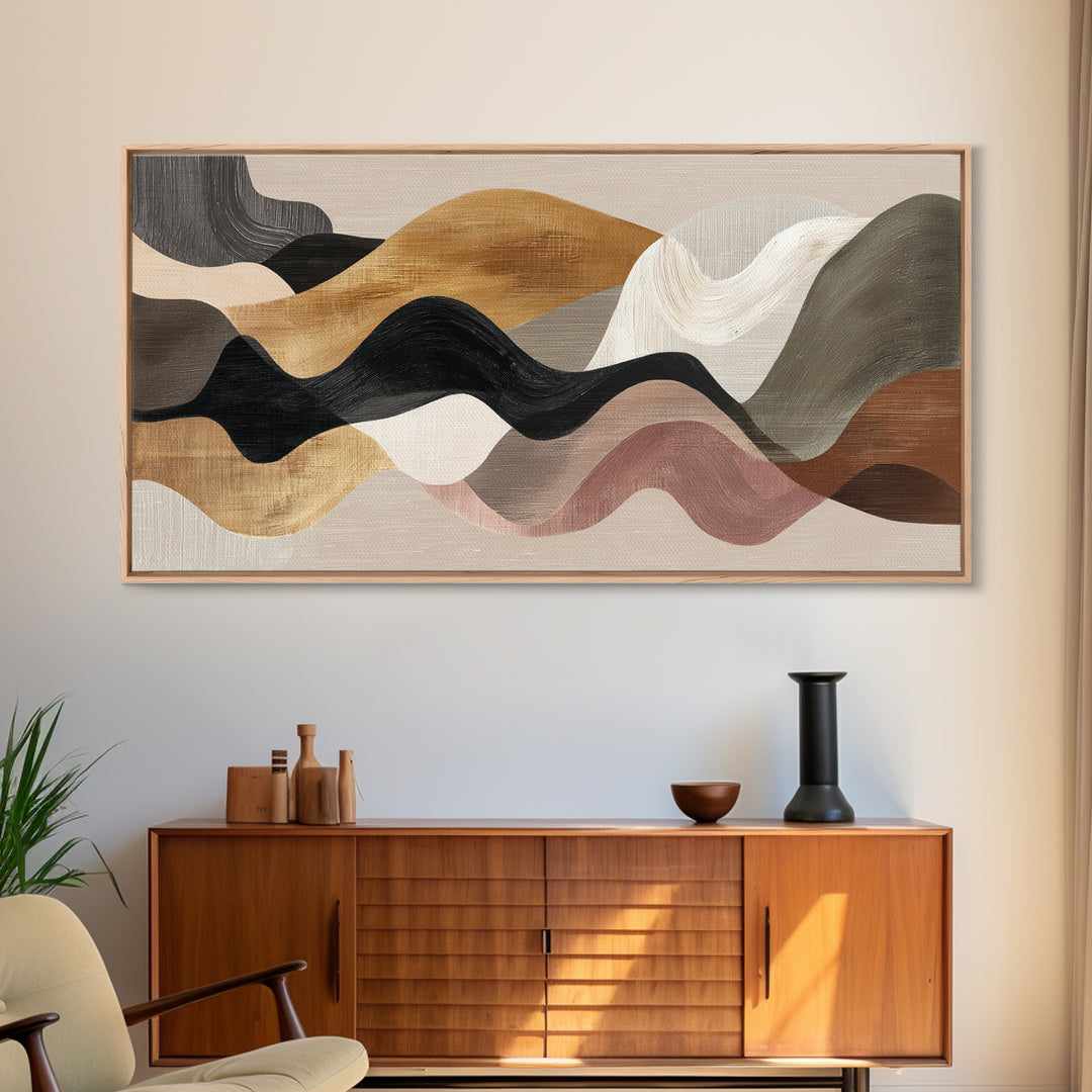 Warm Taupe Abstract Waves Framed Canvas Print, Above Bed Art, Horizontal Wall Art, Bedroom Decor, Abstract Art, Serenity, ABA-2x1-11