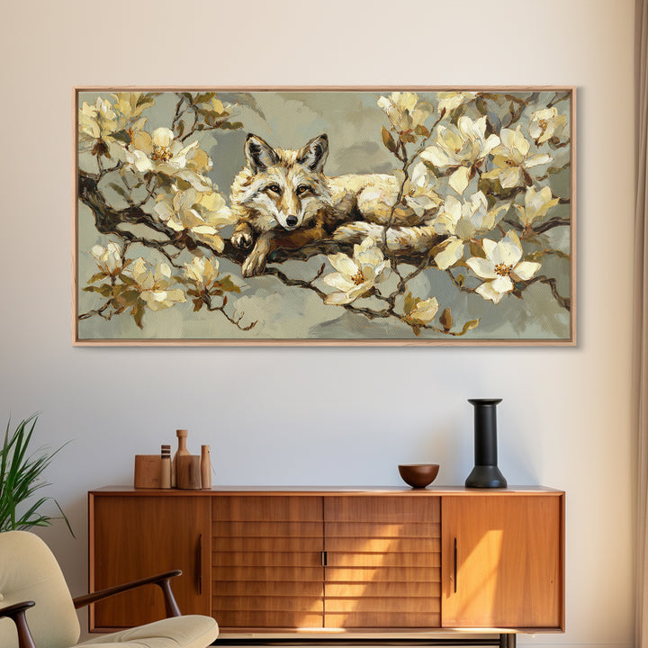 Delicate Magnolia Branch on Cream Background Framed Canvas Print, Above Bed Art, Bedroom Decor, Watercolor Art, Serenity, ABA-2x1-12