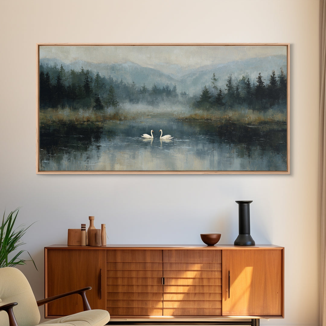 Paired Swans in a Dreamy Painterly Lake Framed Canvas Print, Above Bed Art, Fine Art Print, Bedroom Decor, Fine Art, Serenity, ABA-2x1-18