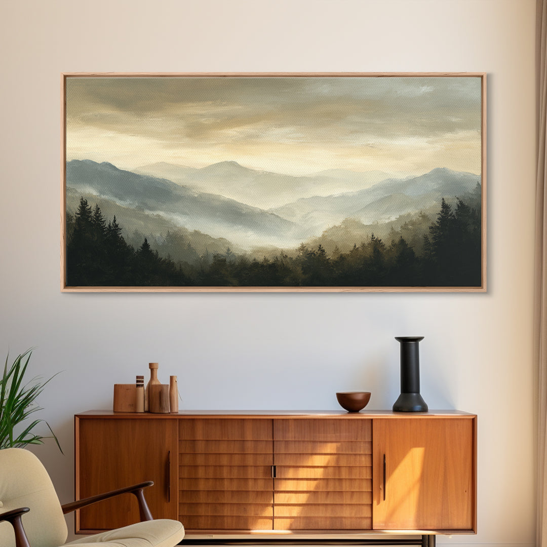 Panoramic Misty Mountain Landscape Canvas Print, Above Bed Art, Wall Art, Bedroom Decor, Fine Art, Serenity, Digital Print, ABA-2x1-21
