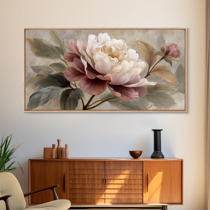 Romantic Oversized Peony Bloom on Warm Linen Canvas Print, Above Bed Art, Statement Artwork, Bedroom Decor, Abstract Art, ABA-2x1-22
