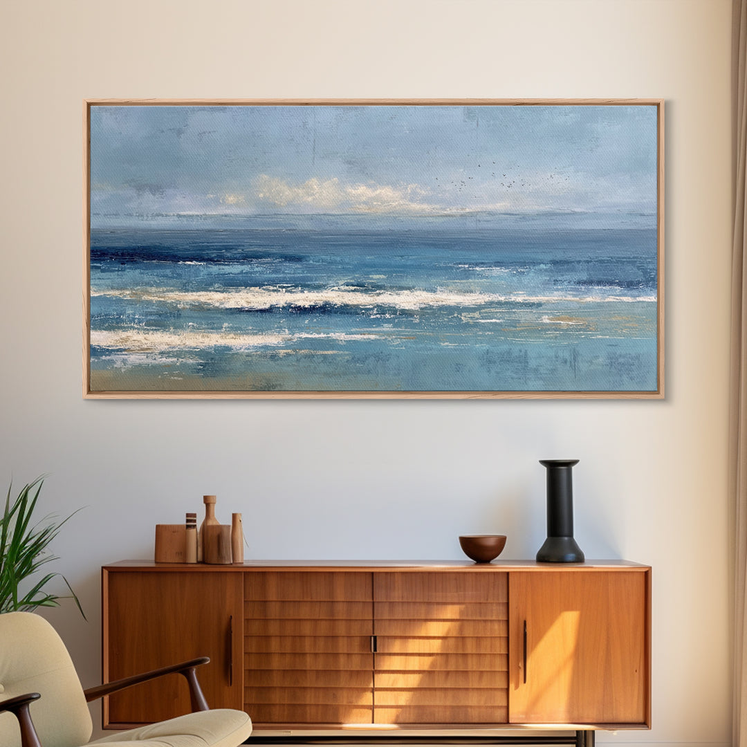 Quiet Moon over a Calm Ocean Horizon Framed Canvas Print, Above Bed Art, Mid Century Modern, Bedroom Decor, Fine Art, Serenity, ABA-2x1-23