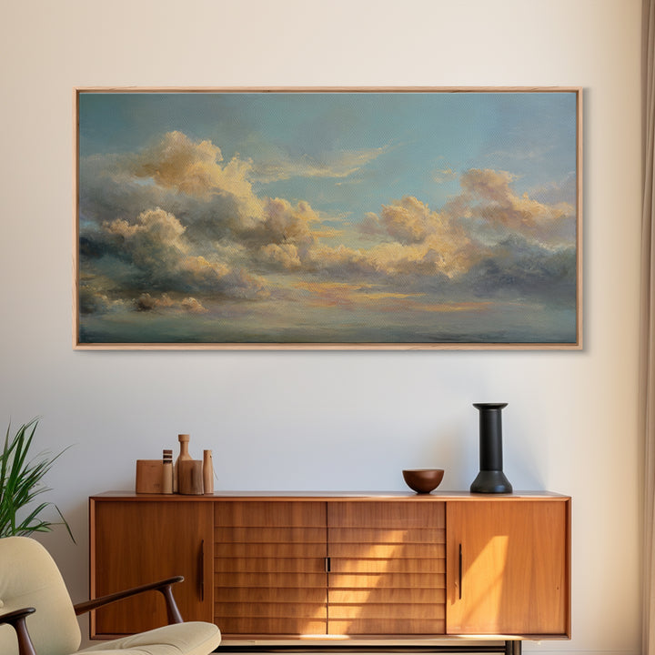 Tranquil Cloudscape with Blush Undertones Framed Canvas Print, Above Bed Art, Wall Decor, Bedroom Decor, Fine Art, Serenity, ABA-2x1-25