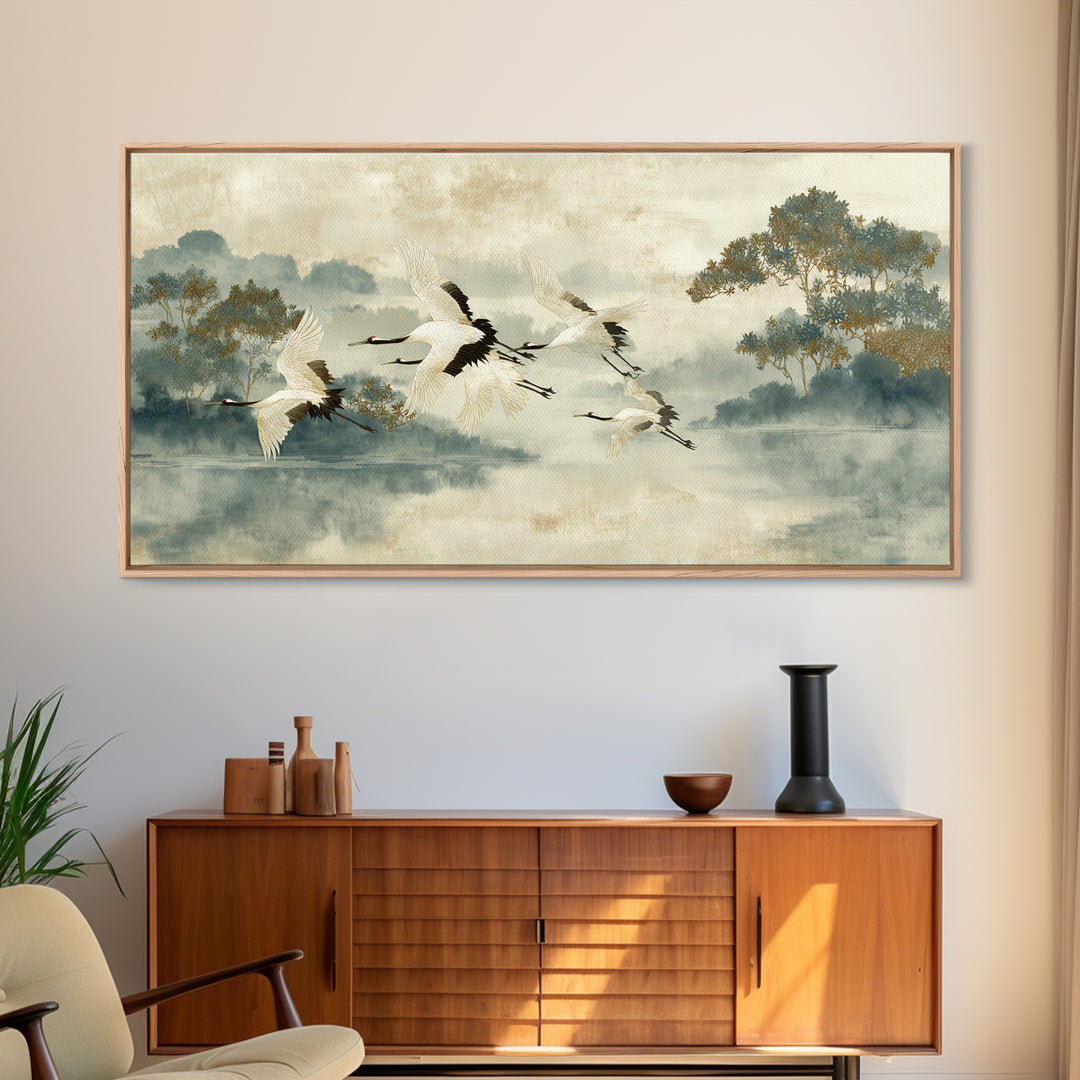 Ethereal Cranes Flying Through Pale Morning Mist Canvas Print, Above Bed Art, Digital Prints, Bedroom Decor, Serenity, ABA-2x1-29