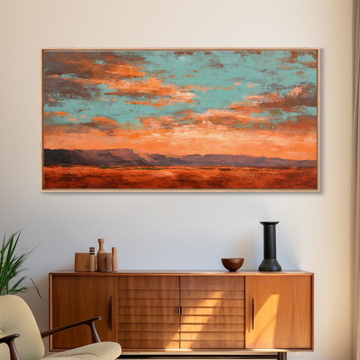 Dreamy Desert Sunset Framed Canvas Print, Above Bed Art, Bedroom Decor, Oil Painting, Serenity, Boho Decor, Western Decor, ABA-2x1-3