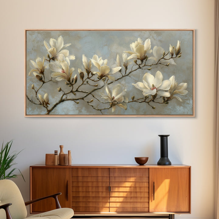 Delicate Magnolia Branch on Cream Background Canvas Print, Above Bed Art, Wall Art, Bedroom Decor, Fine Art, Serenity, ABA-2x1-36