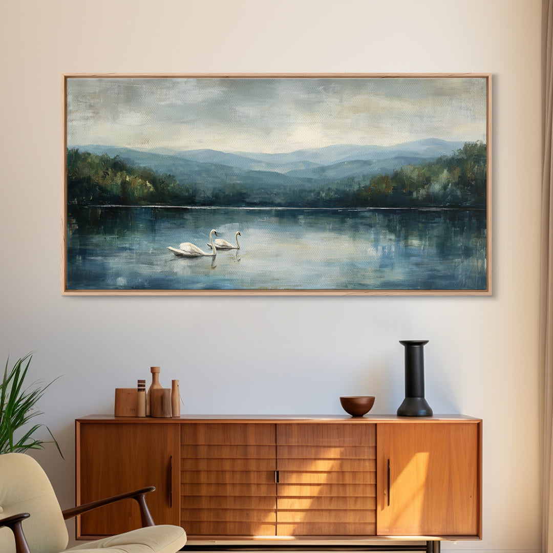 Paired Swans in a Dreamy Painterly Lake Framed Canvas Print, Above Bed Art, Fine Art Print, Bedroom Decor, Fine Art, Serenity, ABA-2x1-42