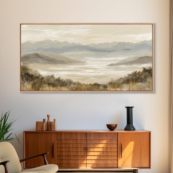 Panoramic Misty Mountain Landscape Framed Canvas Print, Above Bed Art, Mid Century Modern, Bedroom Decor, Oil Painting, ABA-2x1-45