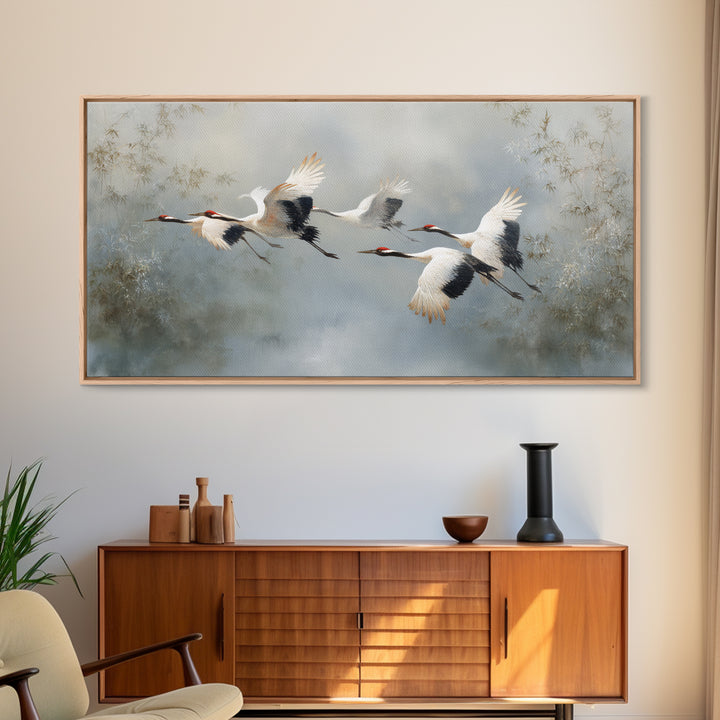 Ethereal Cranes Flying Through Pale Morning Mist Canvas Print, Above Bed Art, Digital Prints, Bedroom Decor, Serenity, ABA-2x1-5
