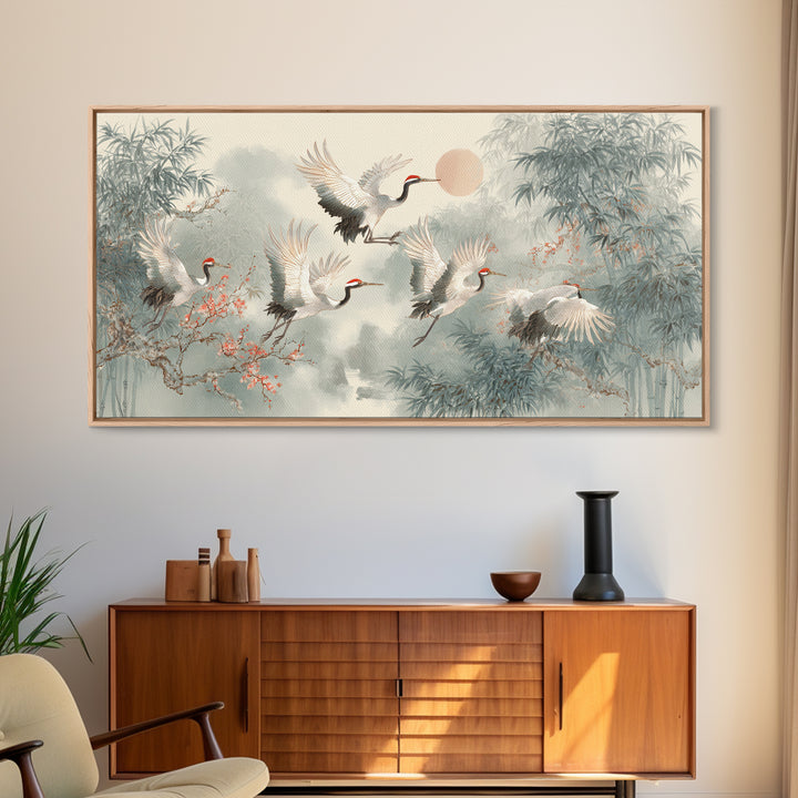 Ethereal Cranes Flying Through Pale Morning Mist Canvas Print, Above Bed Art, Bedroom Decor, Oil Painting, Serenity, ABA-2x1-53