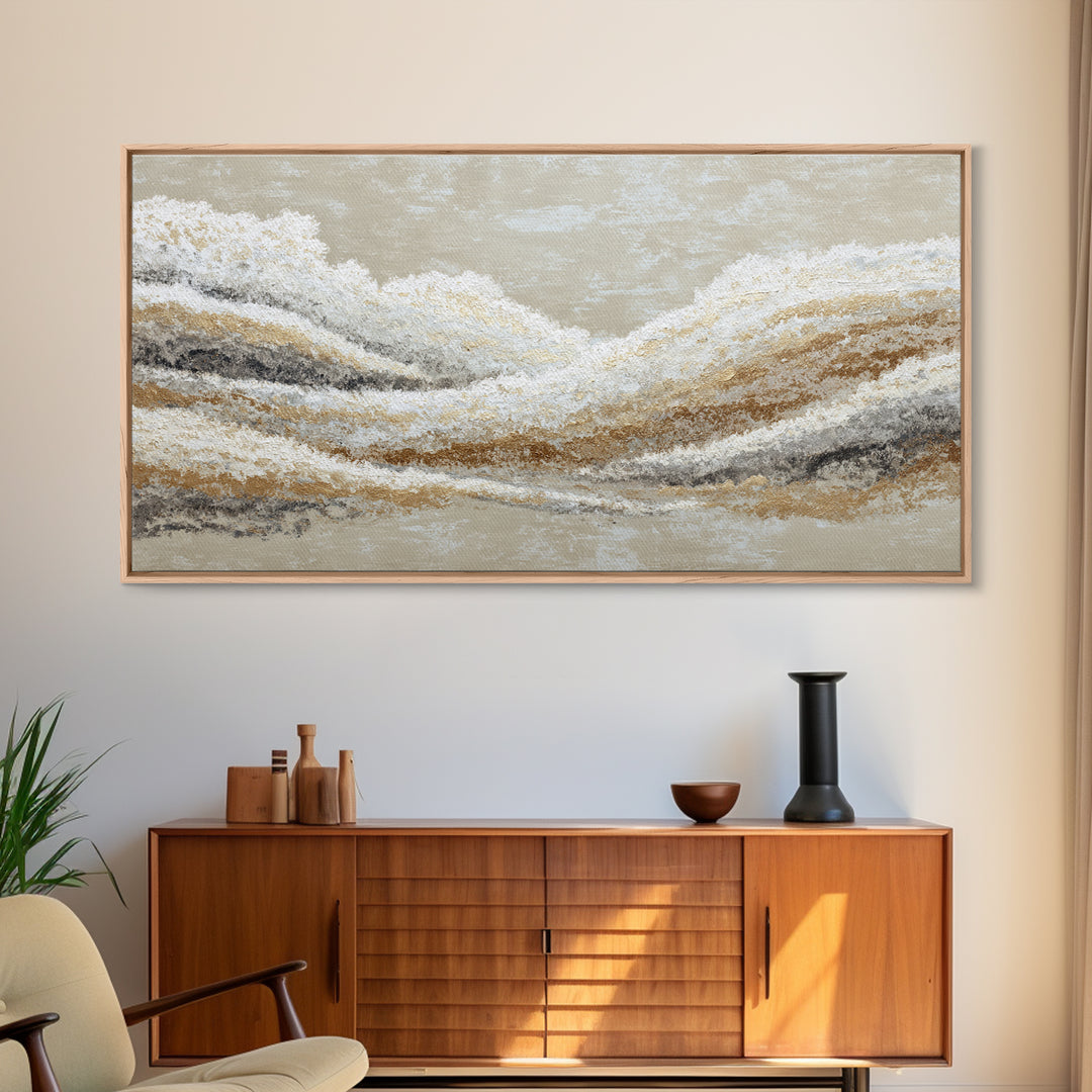 Warm Taupe Abstract Waves Framed Canvas Print, Above Bed Art, Japanese Wall Art, Bedroom Decor, Abstract Art, Serenity, ABA-2x1-59