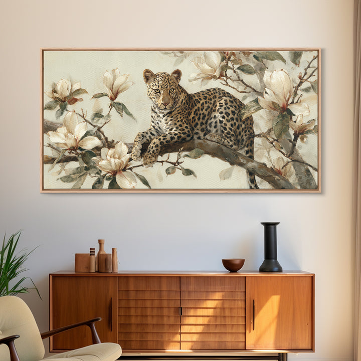 Delicate Magnolia Branch on Cream Background Framed Canvas Print, Above Bed Art, Mid Century Modern, Bedroom Decor, Serenity, ABA-2x1-60