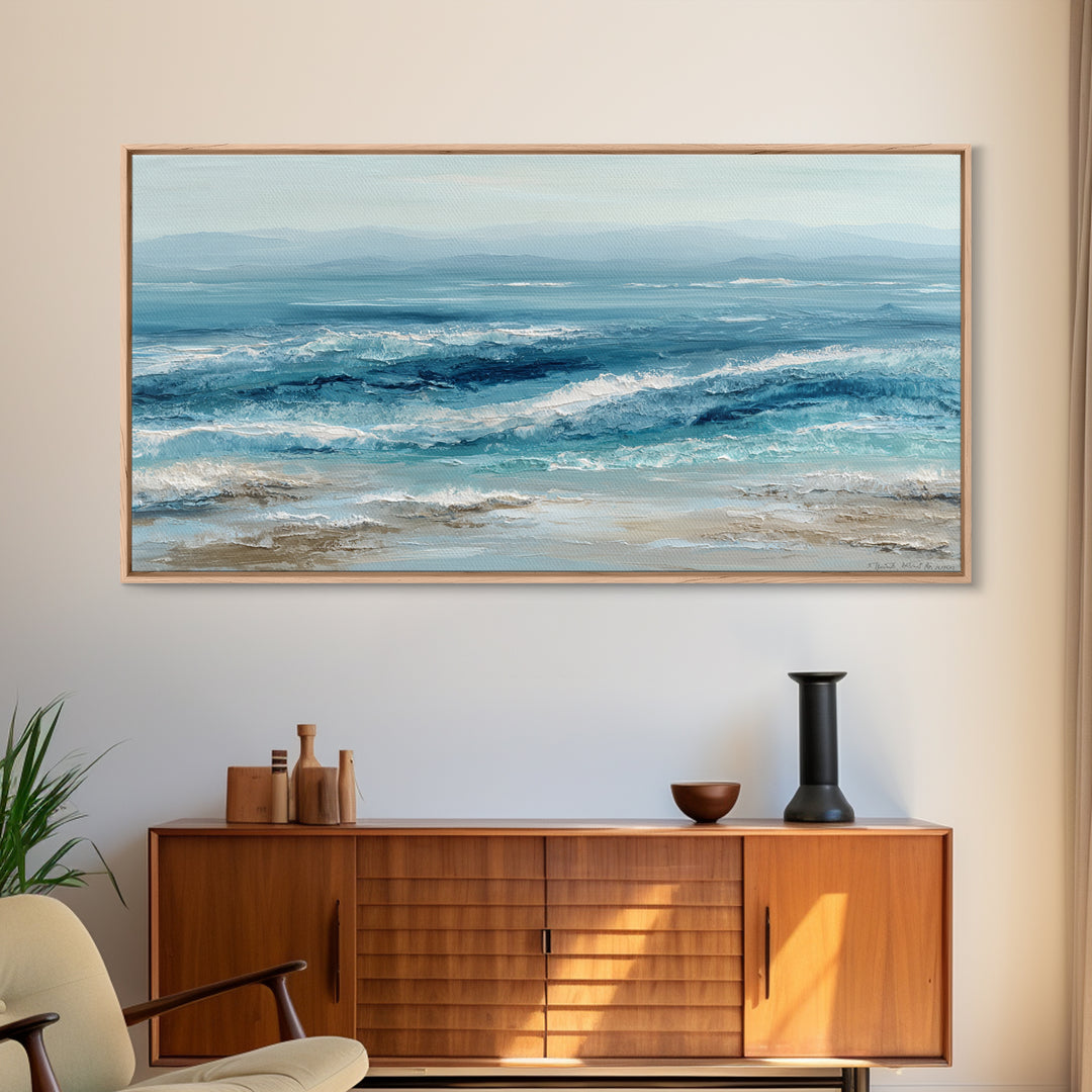 Serene Ocean Tide Seen from Above Framed Canvas Print, Above Bed Art, Wall Art Prints, Bedroom Decor, Fine Art, Serenity, ABA-2x1-65