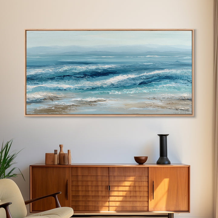 Serene Ocean Tide Seen from Above Framed Canvas Print, Above Bed Art, Wall Art Prints, Bedroom Decor, Fine Art, Serenity, ABA-2x1-65