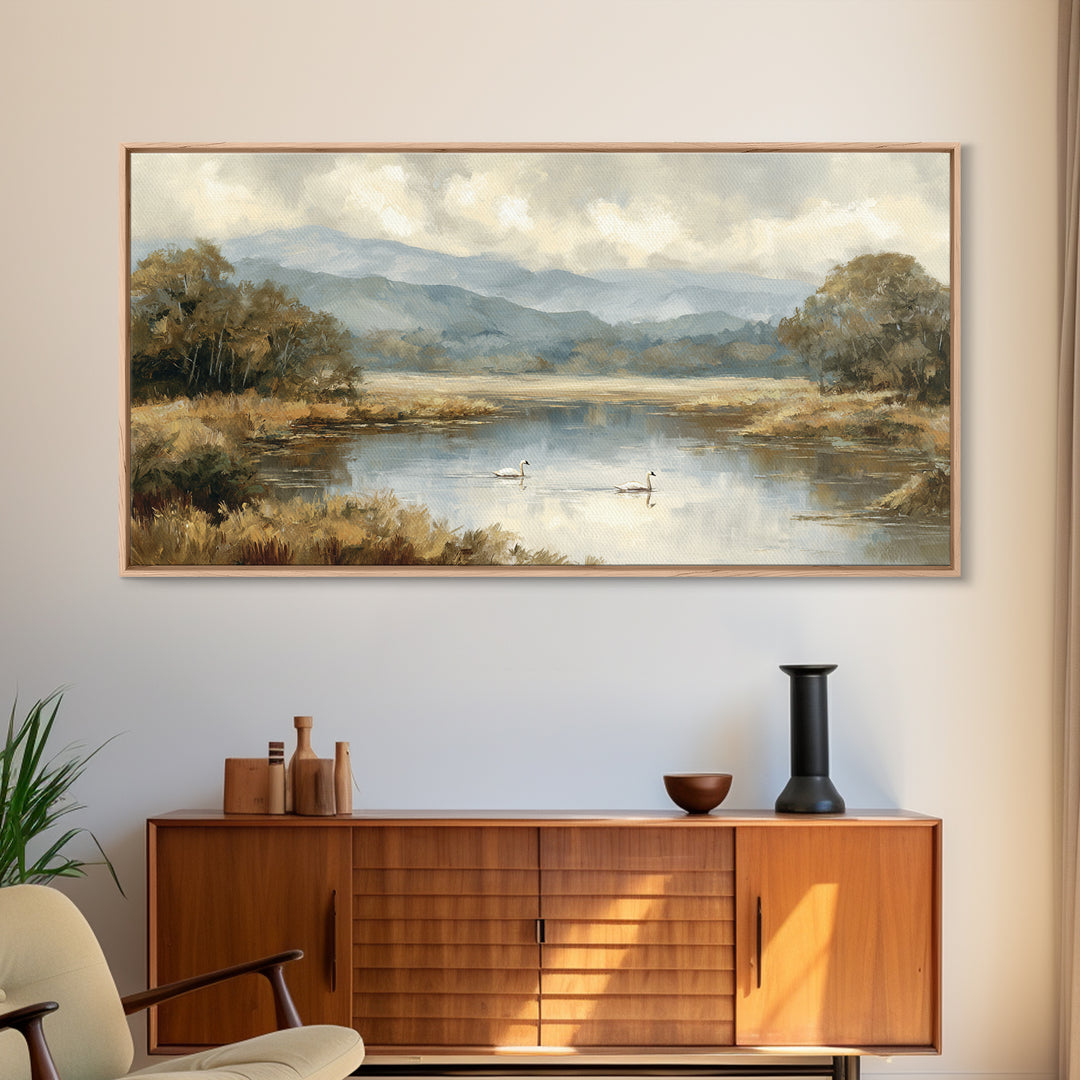 Paired Swans in a Dreamy Painterly Lake Canvas Print, Above Bed Art, Textured Painting, Bedroom Decor, Watercolor Art, Serenity, ABA-2x1-66