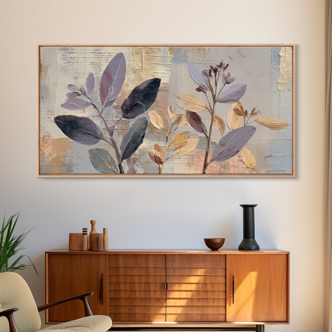 Tonal Botanical Shadows on Plaster Surface Framed Canvas Print, Above Bed Art, 3 Piece Wall Art, Bedroom Decor, Serenity, ABA-2x1-67