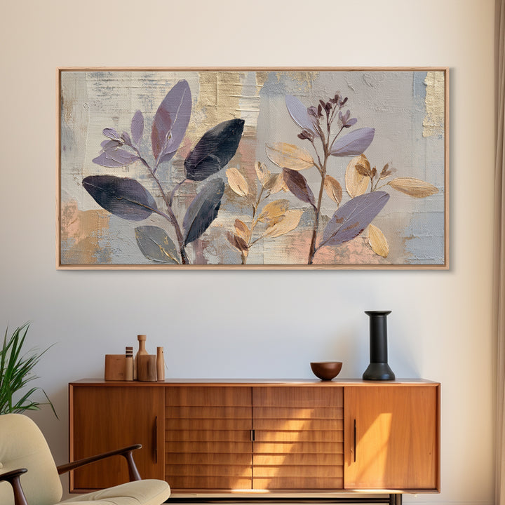 Tonal Botanical Shadows on Plaster Surface Framed Canvas Print, Above Bed Art, 3 Piece Wall Art, Bedroom Decor, Serenity, ABA-2x1-67
