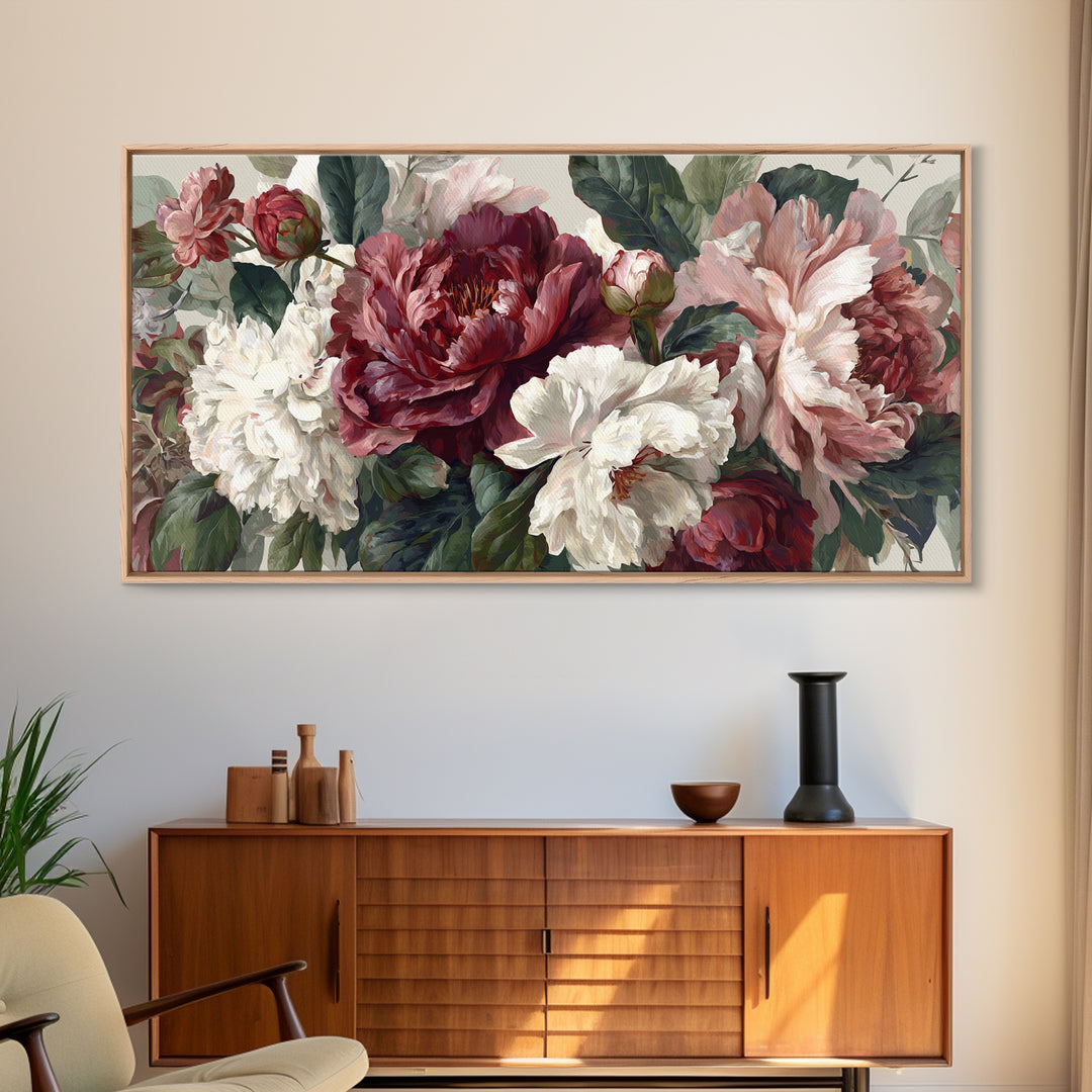 Romantic Oversized Peony Bloom on Warm Linen Canvas Print, Above Bed Art, Digital Art, Bedroom Decor, Fine Art, Serenity, ABA-2x1-70
