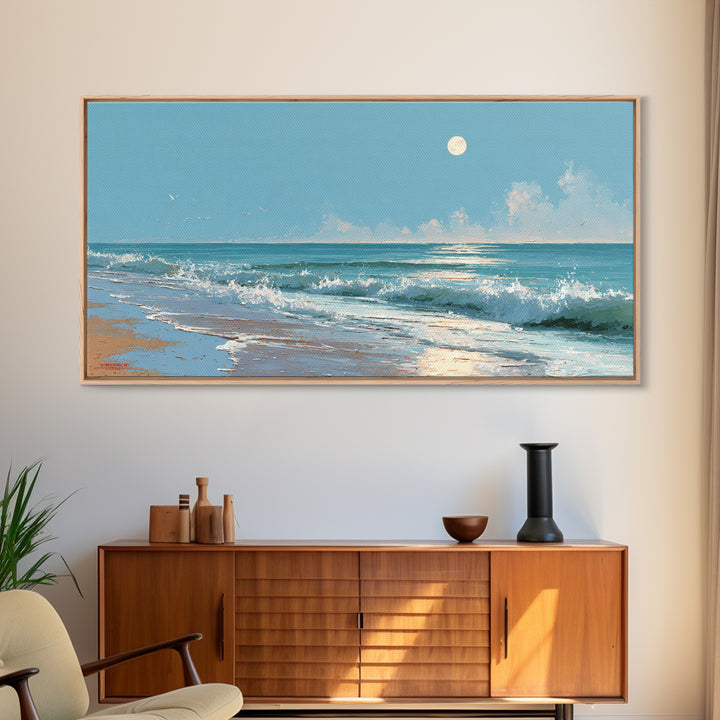 Quiet Moon over a Calm Ocean Horizon Canvas Print, Above Bed Art, Boho Decor, Bedroom Decor, Serenity, Statement Artwork, ABA-2x1-71