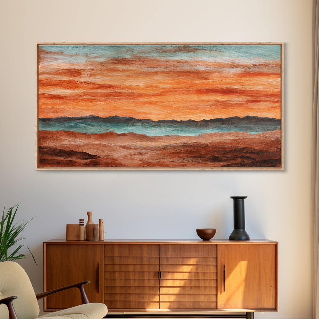 Dreamy Desert Sunset Framed Canvas Print, Above Bed Art, Statement Artwork, Bedroom Decor, Fine Art, Serenity, ABA-2x1-75