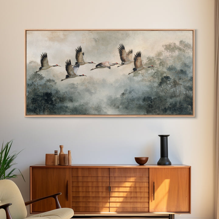 Ethereal Cranes Flying Through Pale Morning Mist Canvas Print, Above Bed Art, Bedroom Decor, Oil Painting, Serenity, ABA-2x1-77