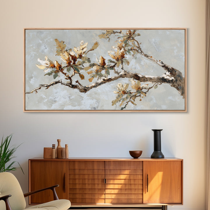 Delicate Magnolia Branch on Cream Background Framed Canvas Print, Above Bed Art, Boho Wall Art, Bedroom Decor, Watercolor Art, ABA-2x1-84
