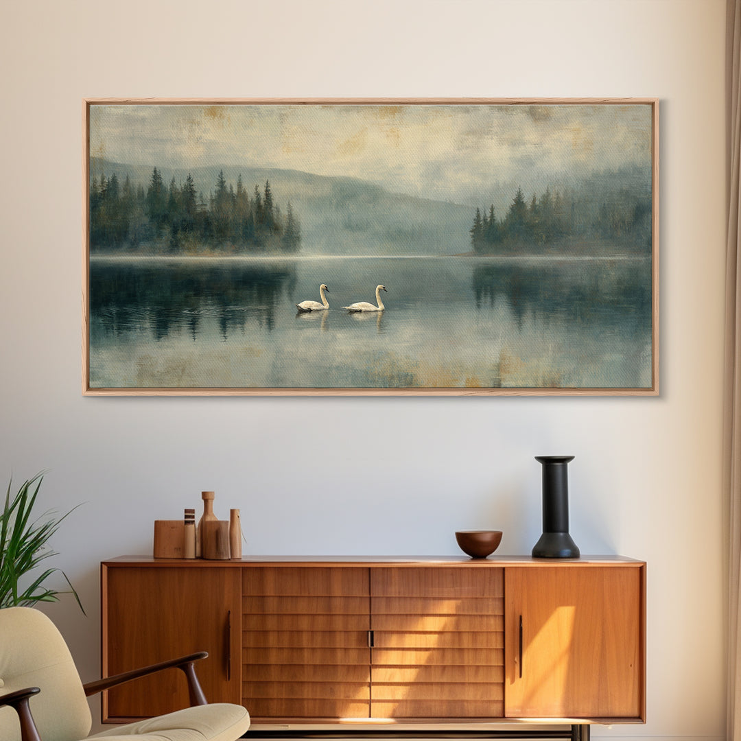 Paired Swans in a Dreamy Painterly Lake Framed Canvas Print, Above Bed Art, Digital Prints, Bedroom Decor, Fine Art, Serenity, ABA-2x1-90