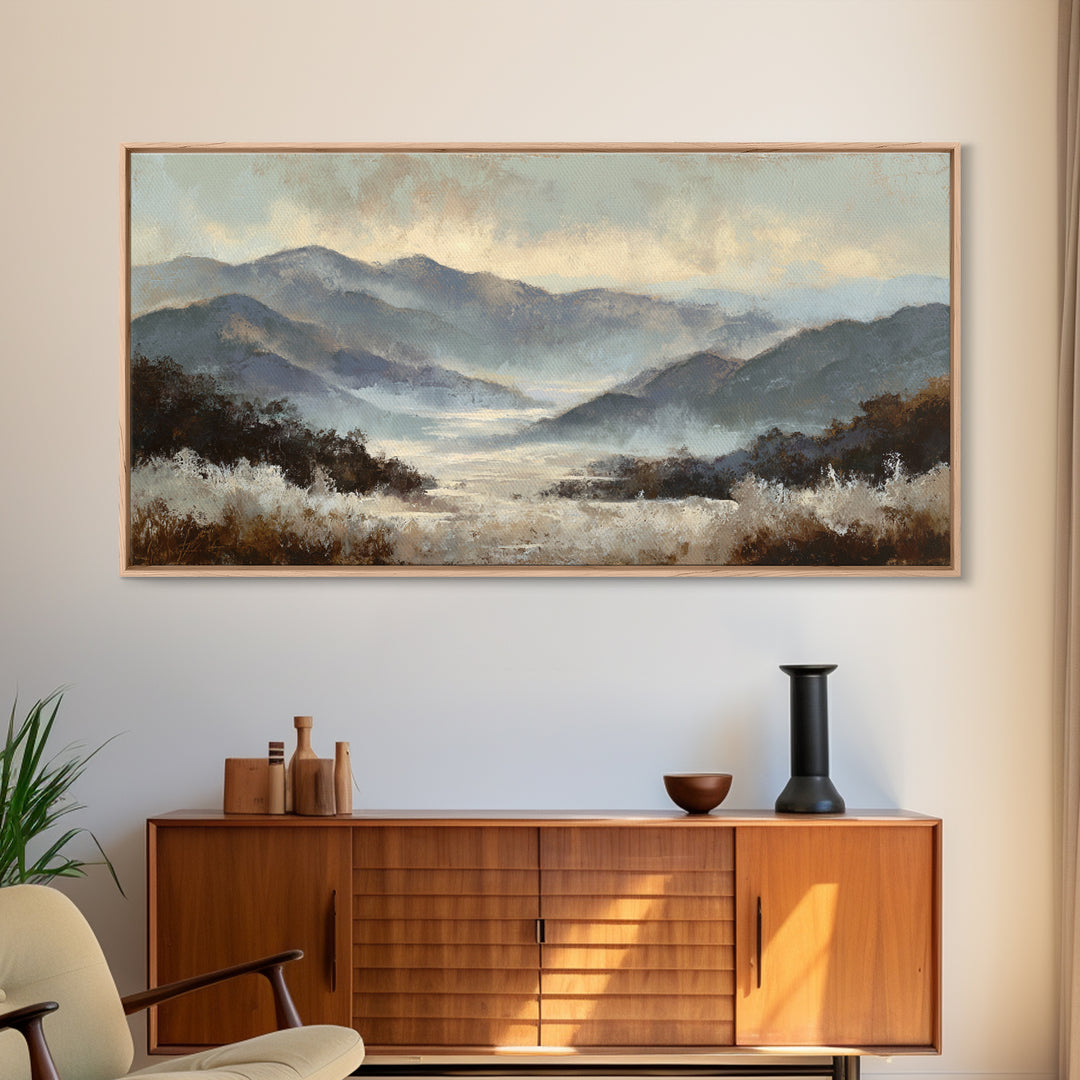 Panoramic Misty Mountain Landscape Canvas Print, Above Bed Art, Textured Wall Art, Bedroom Decor, Fine Art, Serenity, ABA-2x1-93
