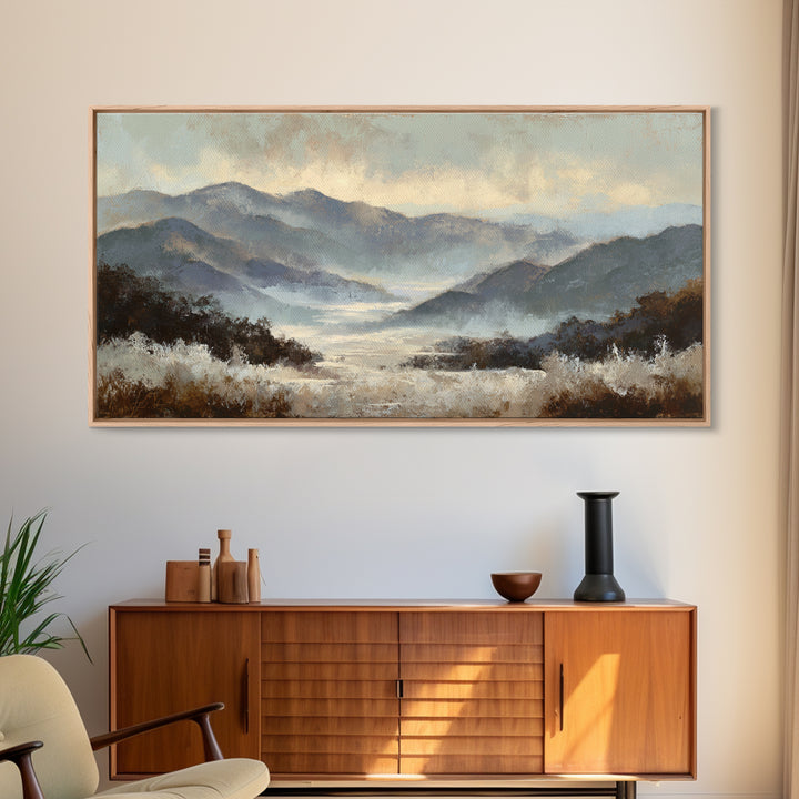 Panoramic Misty Mountain Landscape Canvas Print, Above Bed Art, Textured Wall Art, Bedroom Decor, Fine Art, Serenity, ABA-2x1-93