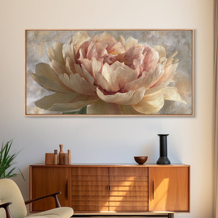 Romantic Oversized Peony Bloom on Warm Linen Canvas Print, Above Bed Art, Digital Art, Bedroom Decor, Fine Art, Serenity, ABA-2x1-94