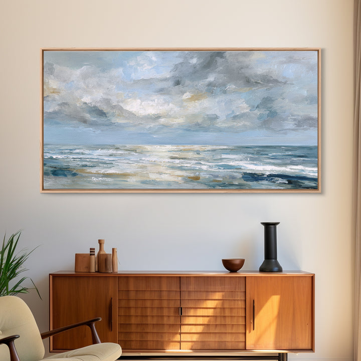 Quiet Moon over a Calm Ocean Horizon Framed Canvas Print, Above Bed Art, Bedroom Wall Decor, Bedroom Decor, Oil Painting, ABA-2x1-95