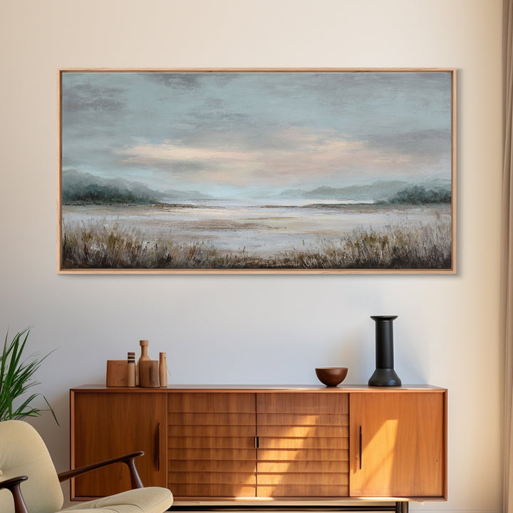 Tranquil Cloudscape with Blush Undertones Framed Canvas Print, Above Bed Art, Digital Print, Bedroom Decor, Fine Art, Serenity, ABA-2x1-97