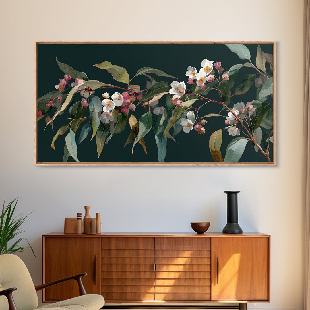 Soft Eucalyptus Branches Arranged Symmetrically Canvas Print, Above Bed Art, Bedroom Decor, Watercolor Art, Serenity, ABA-2x1-98