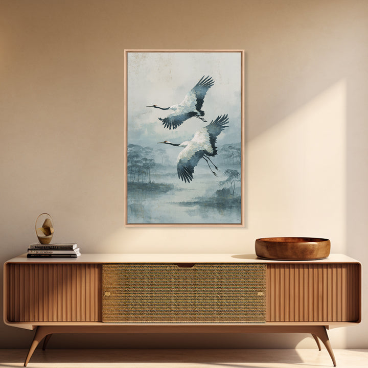 Ethereal Cranes Flying Through Pale Morning Mist Canvas Print, Above Bed Art, Printable Wall Art, Bedroom Decor, Serenity, ABA-2x3-17