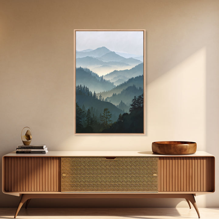 Quiet Forest Ridge Softened by Fog Framed Canvas Print, Above Bed Art, Textured Painting, Bedroom Decor, Fine Art, Serenity, ABA-2x3-22