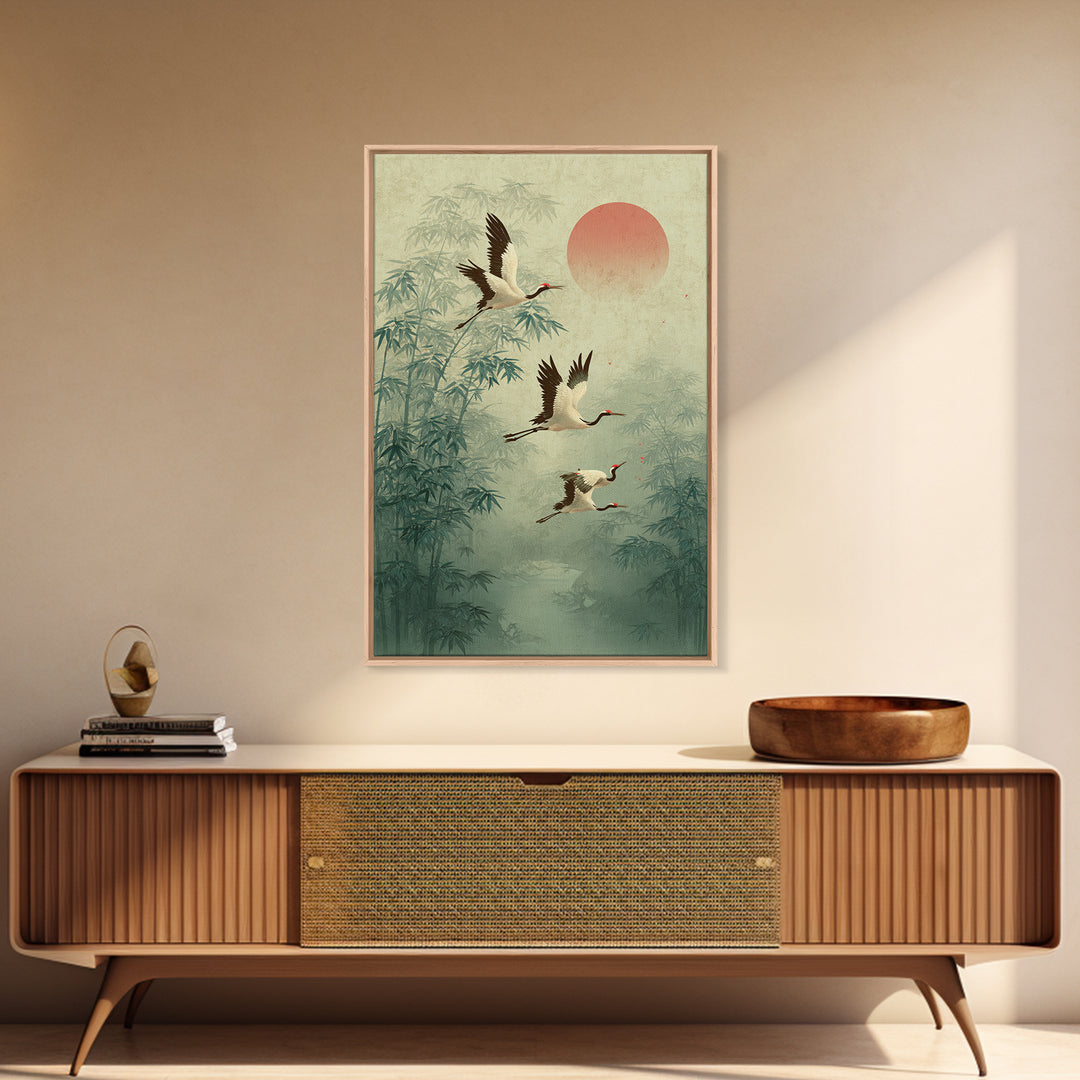 Ethereal Cranes Flying Through Pale Morning Mist Canvas Print, Above Bed Art, Printable Wall Art, Bedroom Decor, Serenity, ABA-2x3-41