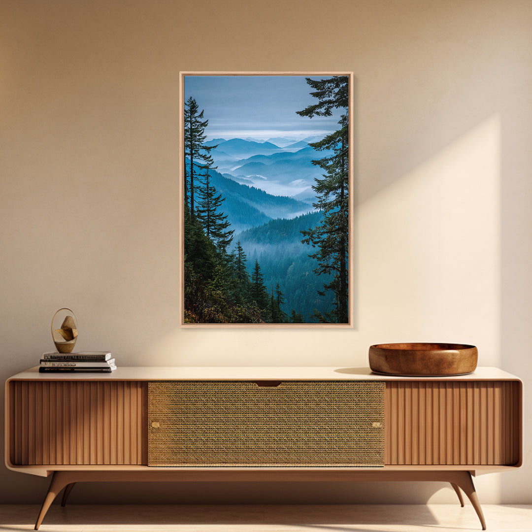 Quiet Forest Ridge Softened by Fog Framed Canvas Print, Above Bed Art, Textured Painting, Bedroom Decor, Fine Art, Serenity, ABA-2x3-46