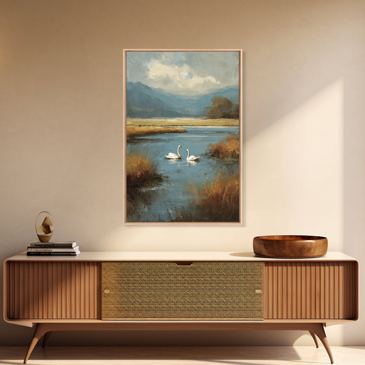 Paired Swans in a Dreamy Painterly Lake Canvas Print, Above Bed Art, Minimalist Decor, Bedroom Decor, Fine Art, Serenity, ABA-2x3-54