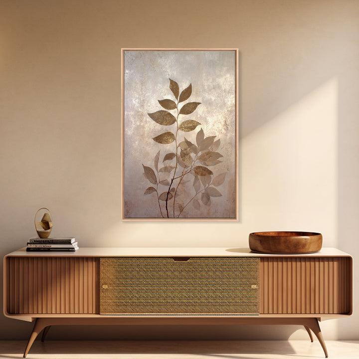 Tonal Botanical Shadows on Plaster Surface Framed Canvas Print, Above Bed Art, Bedroom Decor, Oil Painting, Serenity, ABA-2x3-55