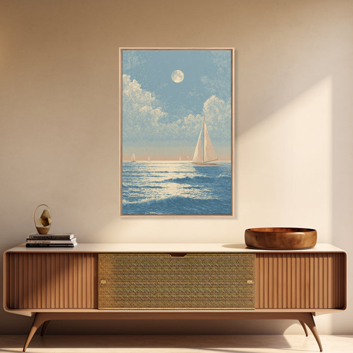 Quiet Moon over a Calm Ocean Horizon Framed Canvas Print, Above Bed Art, Digital Art, Bedroom Decor, Fine Art, Serenity, ABA-2x3-59