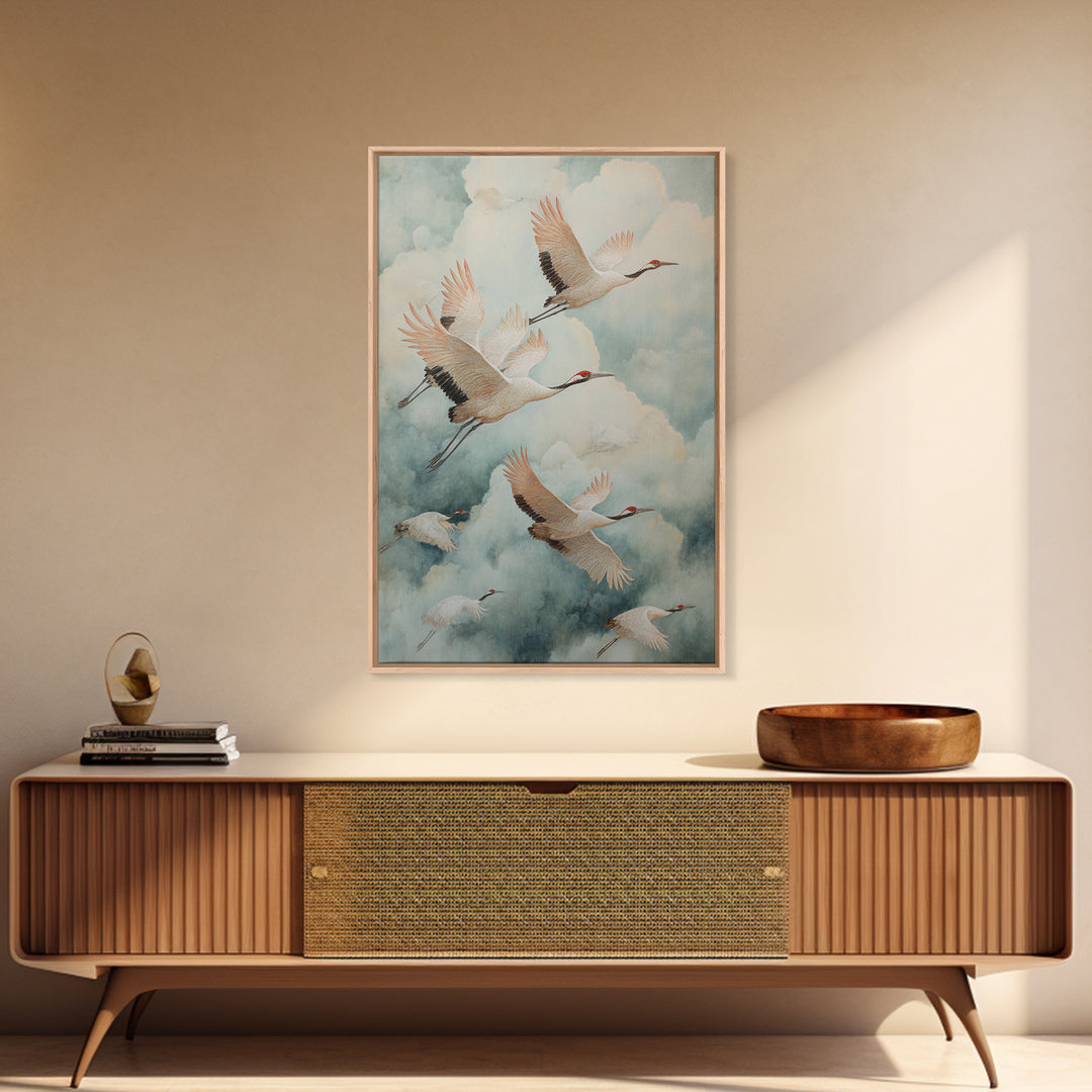 Ethereal Cranes Flying Through Pale Morning Mist Canvas Print, Above Bed Art, Canvas Wall Art, Bedroom Decor, Serenity, ABA-2x3-65