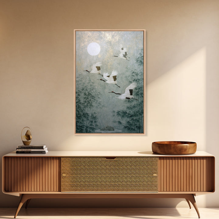 Ethereal Cranes Flying Through Pale Morning Mist Canvas Print, Above Bed Art, Living Room Decor, Bedroom Decor, Serenity, ABA-2x3-89