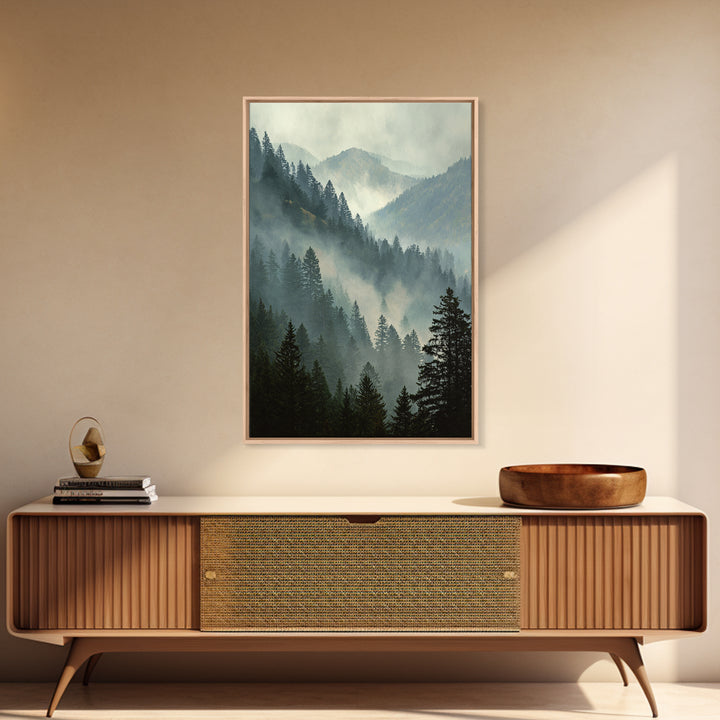 Quiet Forest Ridge Softened by Fog Framed Canvas Print, Above Bed Art, Large Wall Art, Bedroom Decor, Fine Art, Serenity, ABA-2x3-94