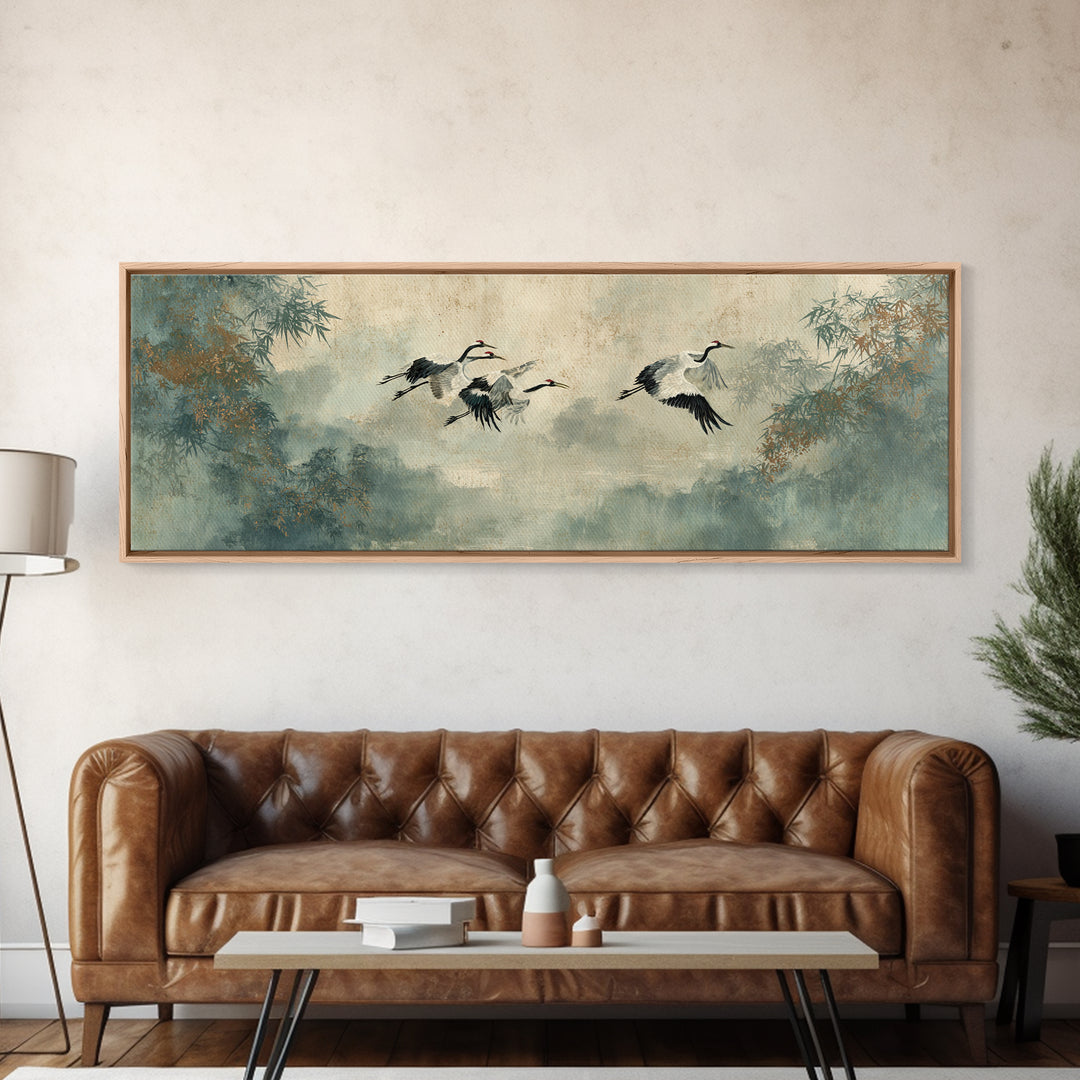Ethereal Cranes Flying Through Pale Morning Mist Framed Canvas Print, Above Bed Art, Apartment Decor, Bedroom Decor, Serenity, ABA-3x1-1