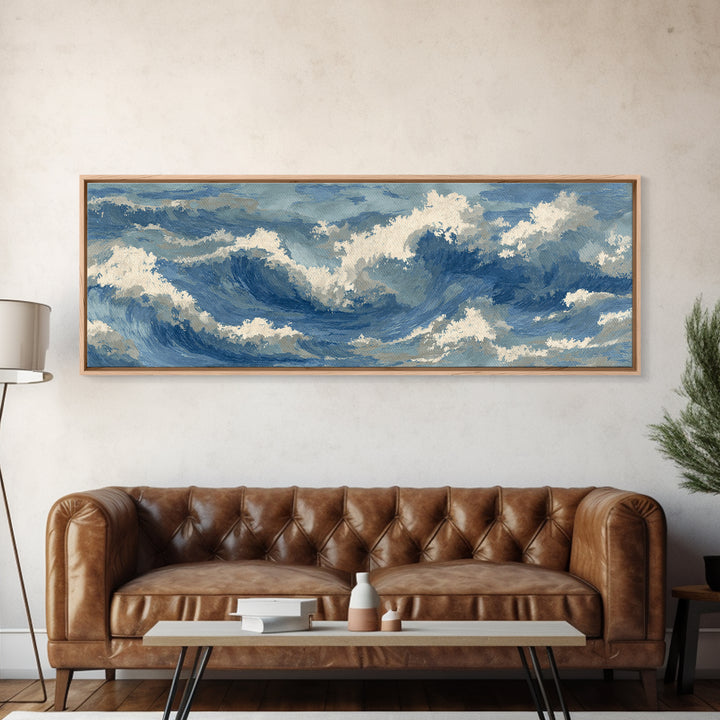 Serene Ocean Tide Seen from Above Canvas Print, Above Bed Art, Bedroom Decor, Oil Painting, Serenity, Boho Decor, Western Decor, ABA-3x1-13